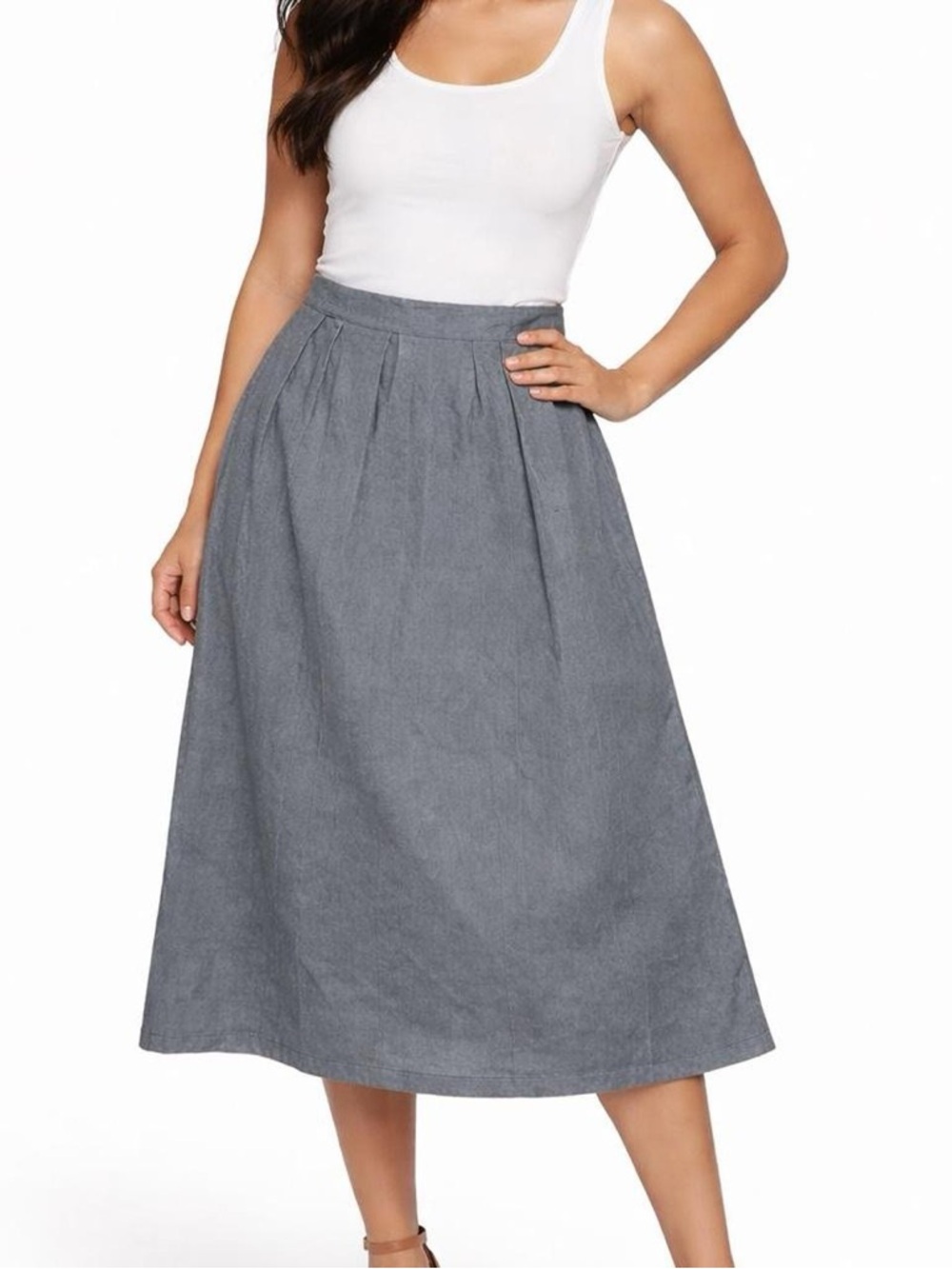 Women's Grey Pleated A-Line Midi Skirt
